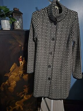 Cocogio Geometric Knit Wool Sweater Coat Button Front